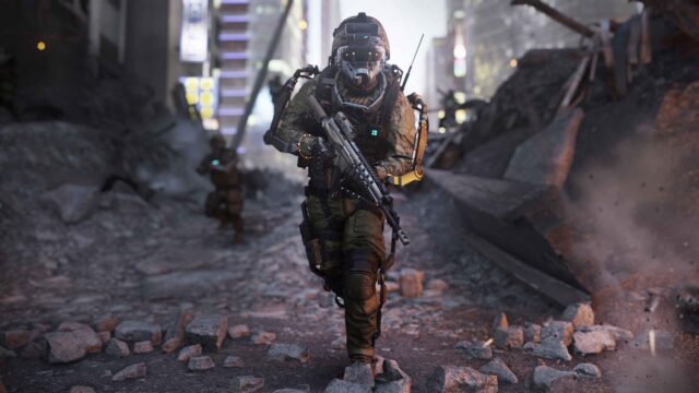 Futuristic Cybernetic Soldier in Ruined City Battlefield 4K Wallpaper