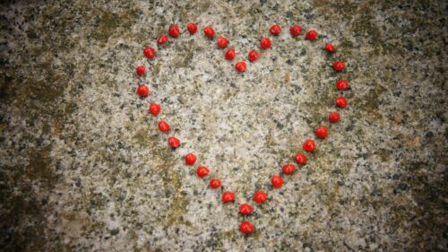 Heart Shape Formed by Red Seeds on Textured Stone Surface 4K Wallpaper