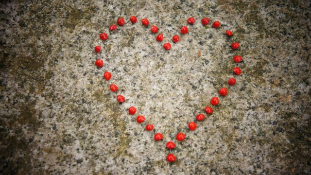 Heart Shape Formed by Red Seeds on Textured Stone Surface 4K Wallpaper
