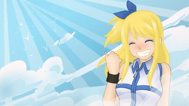 Anime Girl Lucy Heartfilia Smiling Brightly in Sky 4K Desktop Wallpaper
