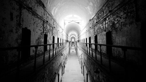 Abandoned Prison Corridor Gothic Architecture Black and White 4K Desktop Wallpaper