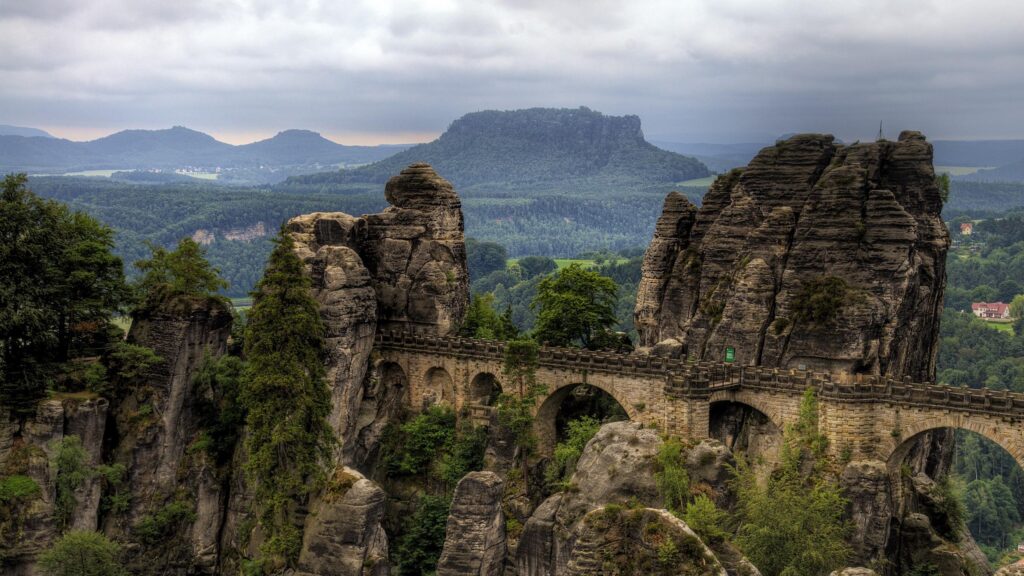 Breathtaking Bastei Bridge Landscape in Saxon Switzerland National Park Desktop Wallpaper