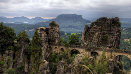 Breathtaking Bastei Bridge Landscape in Saxon Switzerland National Park Desktop Wallpaper