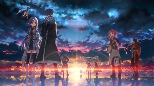 Sword Art Online Characters Under A Dramatic Sunset Horizon 4K Wallpaper