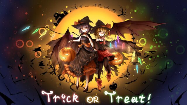 Anime Halloween Witch Girls with Pumpkin Lanterns Desktop Wallpaper