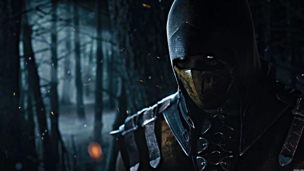 Scorpion Mortal Kombat Cinematic Dark Forest 4K Desktop Wallpaper