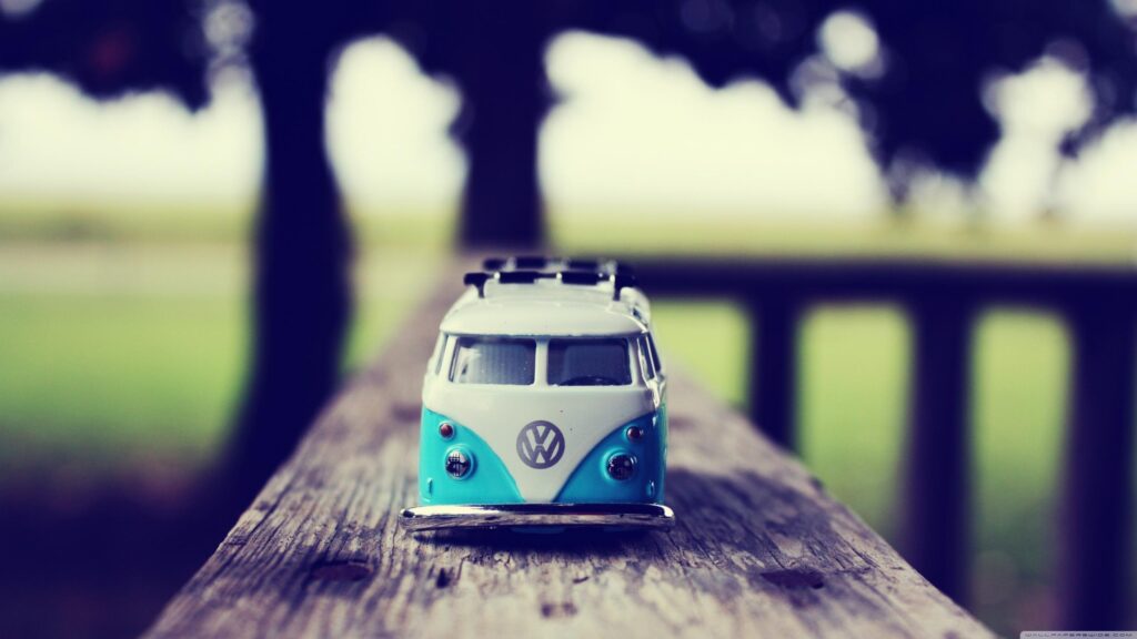 Vintage Blue and White Volkswagen Microbus Miniature Model Desktop Wallpaper