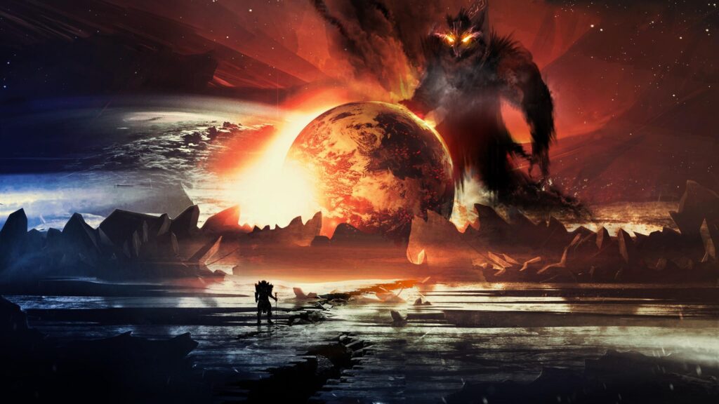 Epic Fantasy Knight Facing a Cosmic Shadow Entity 4K Desktop Wallpaper