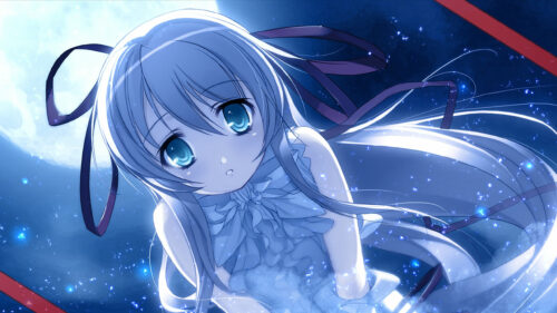 Anime Girl with Long Silver Hair and Blue Eyes Under Moonlight Desktop Wallpaper