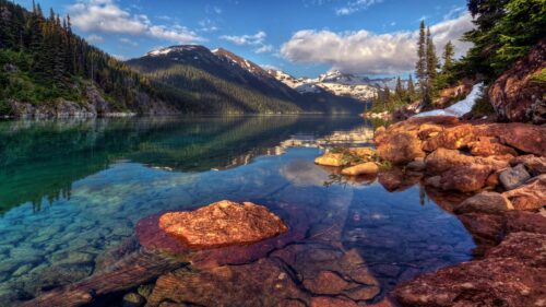 Stunning Alpine Lake Reflection with Snow-Capped Mountains Desktop Wallpaper