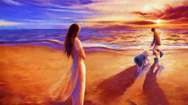 Woman Watching a Child and Dog on a Sunset Beach 4K Desktop Wallpaper