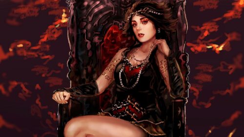 Stunning Fantasy Queen Sitting on Dark Throne 4K Wallpaper