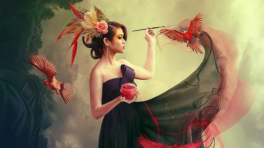Surreal Fantasy Artist Woman Painting Birds Digital Art 4K Desktop Wallpaper
