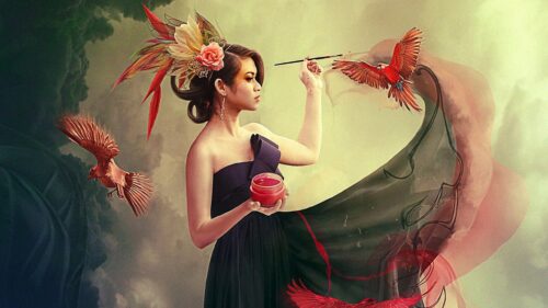 Surreal Fantasy Artist Woman Painting Birds Digital Art 4K Desktop Wallpaper