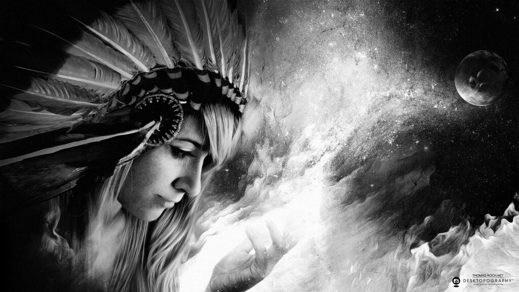 Ethereal Woman Wearing Native American Headdress in Cosmic Nebula 4K PC Wallpaper