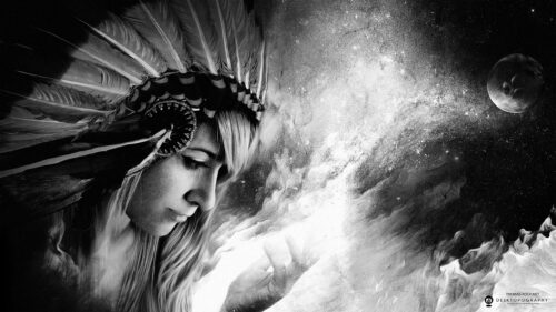 Ethereal Woman Wearing Native American Headdress in Cosmic Nebula 4K PC Wallpaper