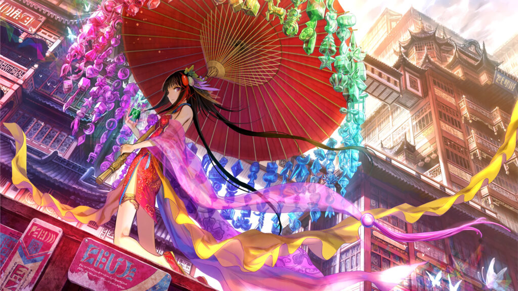 Anime Girl with Red Umbrella in Traditional Oriental City 4K Wallpaper