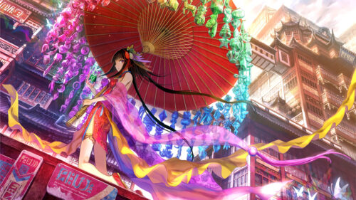 Anime Girl with Red Umbrella in Traditional Oriental City 4K Wallpaper