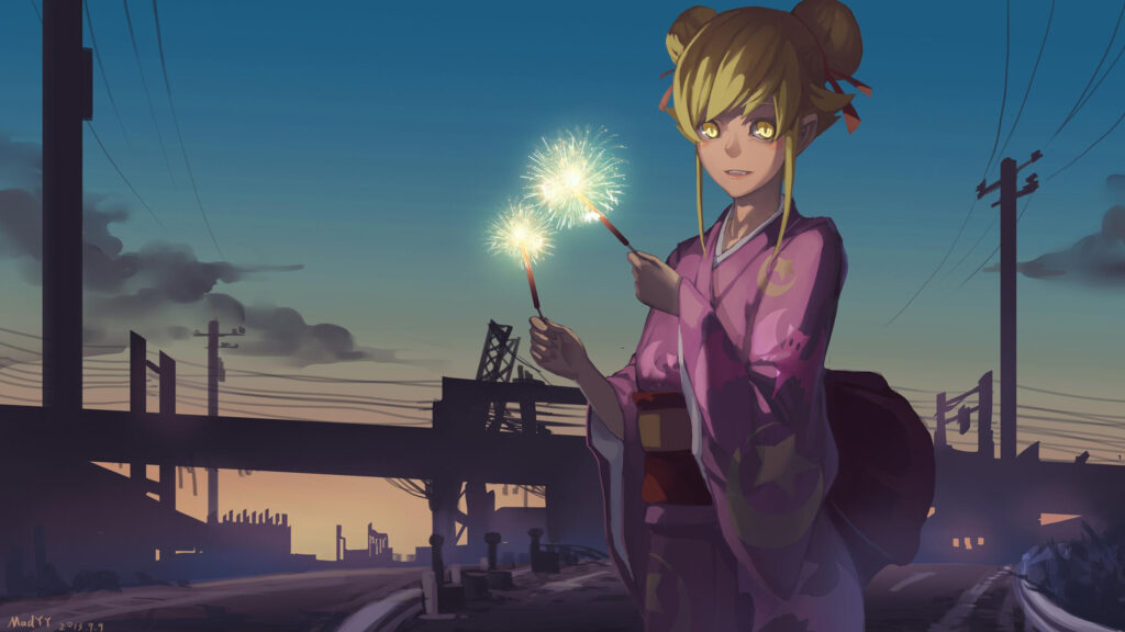 Anime Girl Holding Sparklers in Abandoned City at Twilight Desktop Wallpaper
