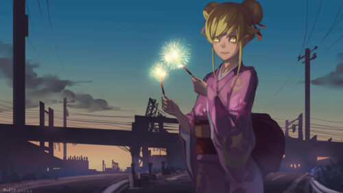 Anime Girl Holding Sparklers in Abandoned City at Twilight Desktop Wallpaper