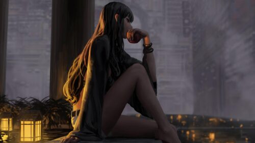 Anime Girl Sitting in Moody Cinematic Atmosphere 4K Desktop Wallpaper