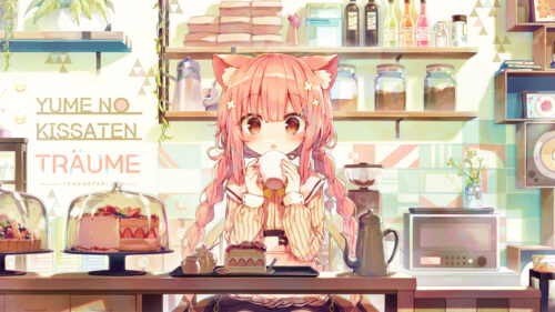 Cute Cat Girl Drinking Tea in Cozy Cafe Anime Art 4K Wallpaper