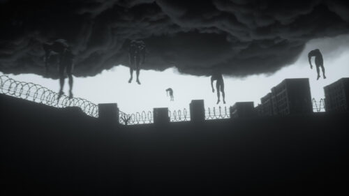 Eerie Silhouette Figures Floating Above Barbed Wire Fence 4K Desktop Wallpaper