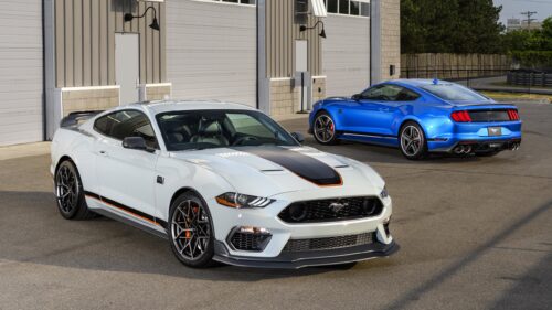 Stunning White and Blue Ford Mustang Mach 1 Sports Cars 4K Wallpaper