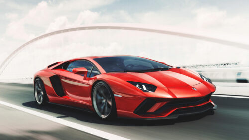 Red Lamborghini Aventador S Speeding on Modern Bridge Desktop Wallpaper