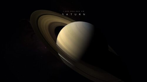 Stunning Saturn Planet View with Rings and Distance Marker 4K Desktop Wallpaper