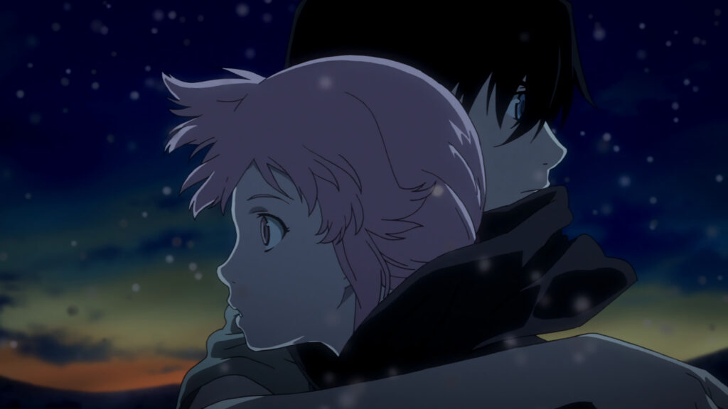 Anime Couple Hugging Under Winter Night Sky 4K Desktop Wallpaper