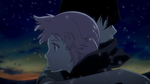 Anime Couple Hugging Under Winter Night Sky 4K Desktop Wallpaper