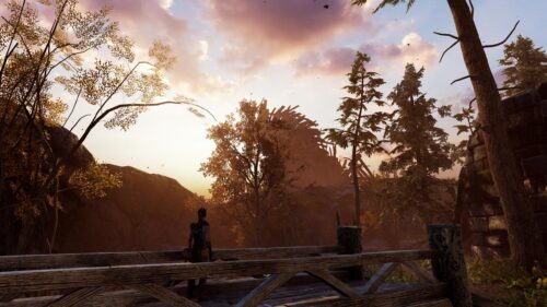 Senua from Hellblade Senuas Sacrifice Standing on a Bridge at Sunset 4K Wallpaper