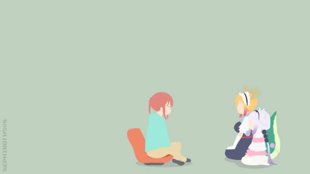 Minimalist Miss Kobayashi's Dragon Maid Sitting Together Desktop Wallpaper