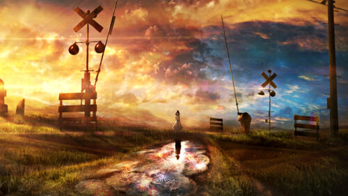 Lonely Anime Girl Standing Under A Sunset Sky with Fireworks Reflection 4K Wallpaper