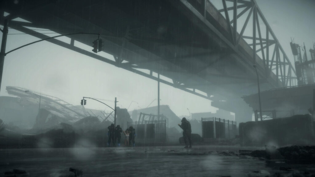 Post Apocalyptic Dystopian City Rain Scene with Soldiers and Captive Desktop Wallpaper