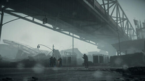 Post Apocalyptic Dystopian City Rain Scene with Soldiers and Captive Desktop Wallpaper