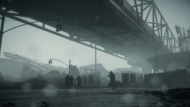 Post Apocalyptic Dystopian City Rain Scene with Soldiers and Captive Desktop Wallpaper