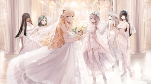 Anime Girls in Wedding Dresses at Grand Cathedral Desktop Wallpaper