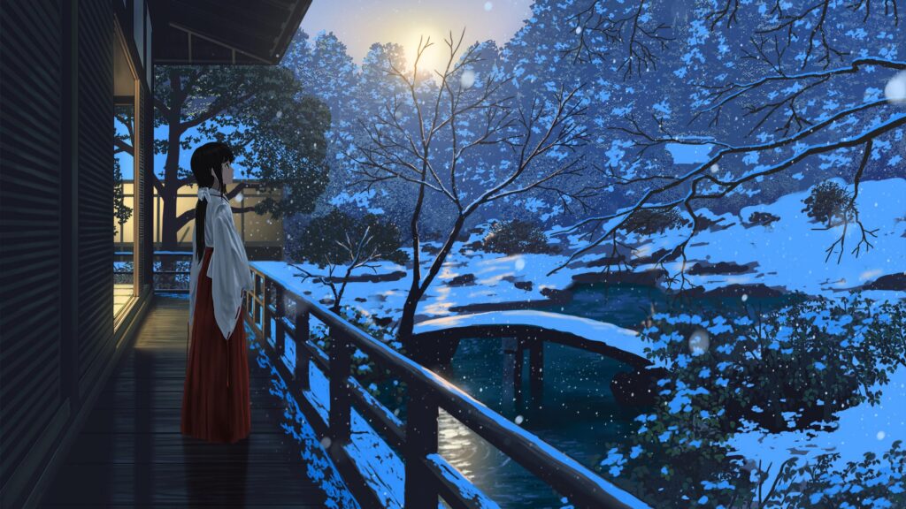 Anime Girl Standing on Traditional Porch in Snowy Winter Garden 4K Wallpaper