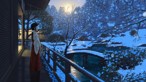 Anime Girl Standing on Traditional Porch in Snowy Winter Garden 4K Wallpaper