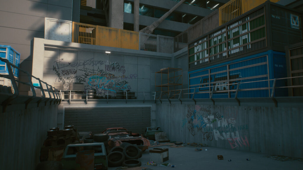 Cyberpunk 2077 Night City Industrial Alleyway Scene 4K Desktop Wallpaper