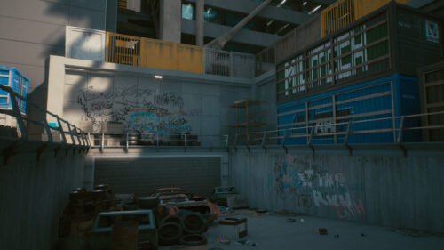 Cyberpunk 2077 Night City Industrial Alleyway Scene 4K Desktop Wallpaper