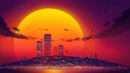 Stunning Retro Synthwave City Skyline at Sunset 4K Desktop Wallpaper