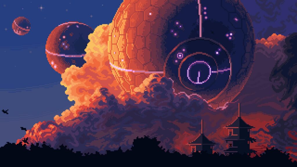 Stunning Sci-Fi Fantasy Pixel Art Planet and Pagoda Scene 4K Desktop Wallpaper