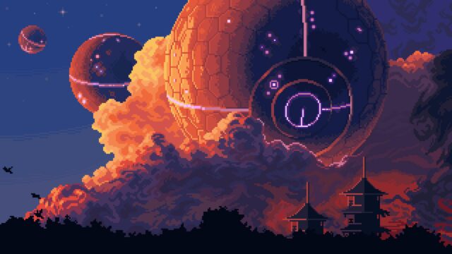 Stunning Sci-Fi Fantasy Pixel Art Planet and Pagoda Scene 4K Desktop Wallpaper