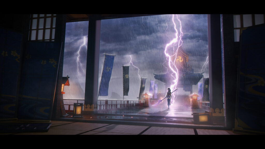 Raiden Shogun Genshin Impact Stormy Temple 4K Desktop Wallpaper