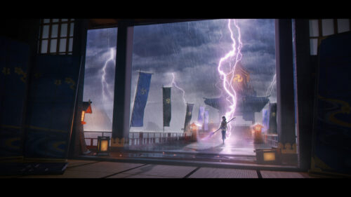 Raiden Shogun Genshin Impact Stormy Temple 4K Desktop Wallpaper