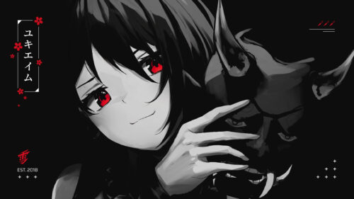Anime Girl with Oni Mask and Red Eyes Aesthetic PC Wallpaper