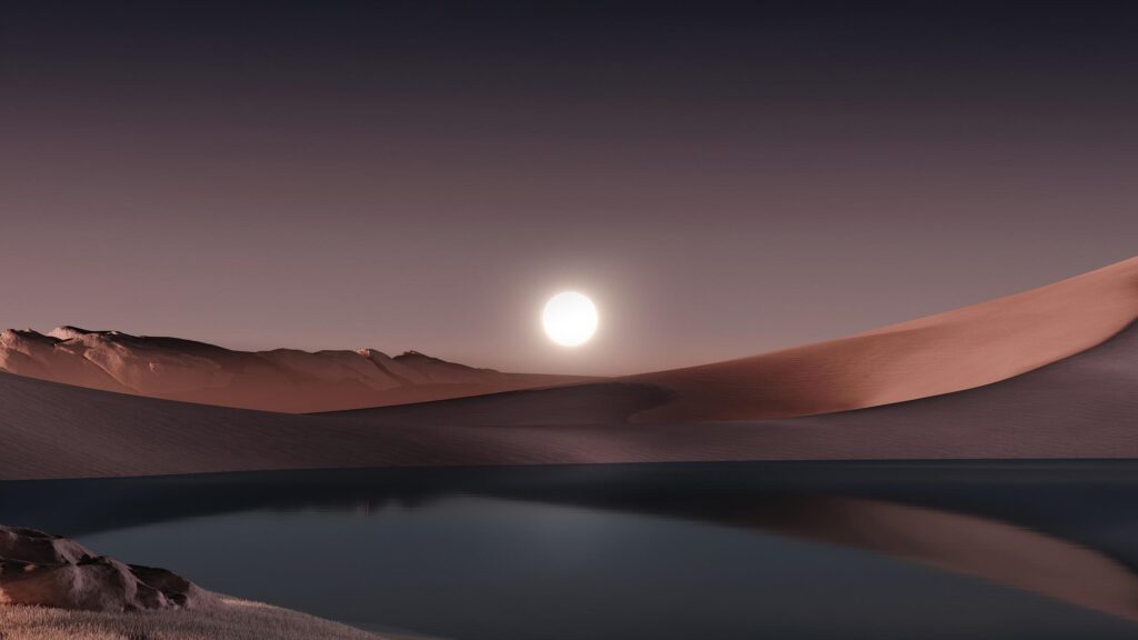 Minimalist Desert Oasis with Glowing Sun at Sunset PC Wallpaper